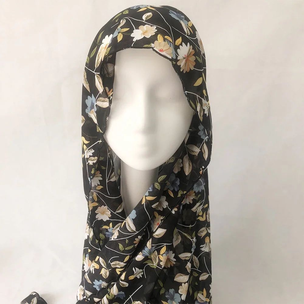 Chiffon Hijab Scarf Foulard Femme Musulman Printed Shawl Islamic Clothing Headwear Muslim Headscarf 4 Side Embroidery 180X70CM