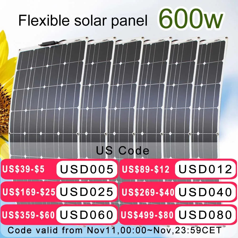 12V Flexible Solar Panel 600W 100W 200W 300W 400W 500W Bendable Waterproof Monocrystalline Best Solar Panel China for RV Boat