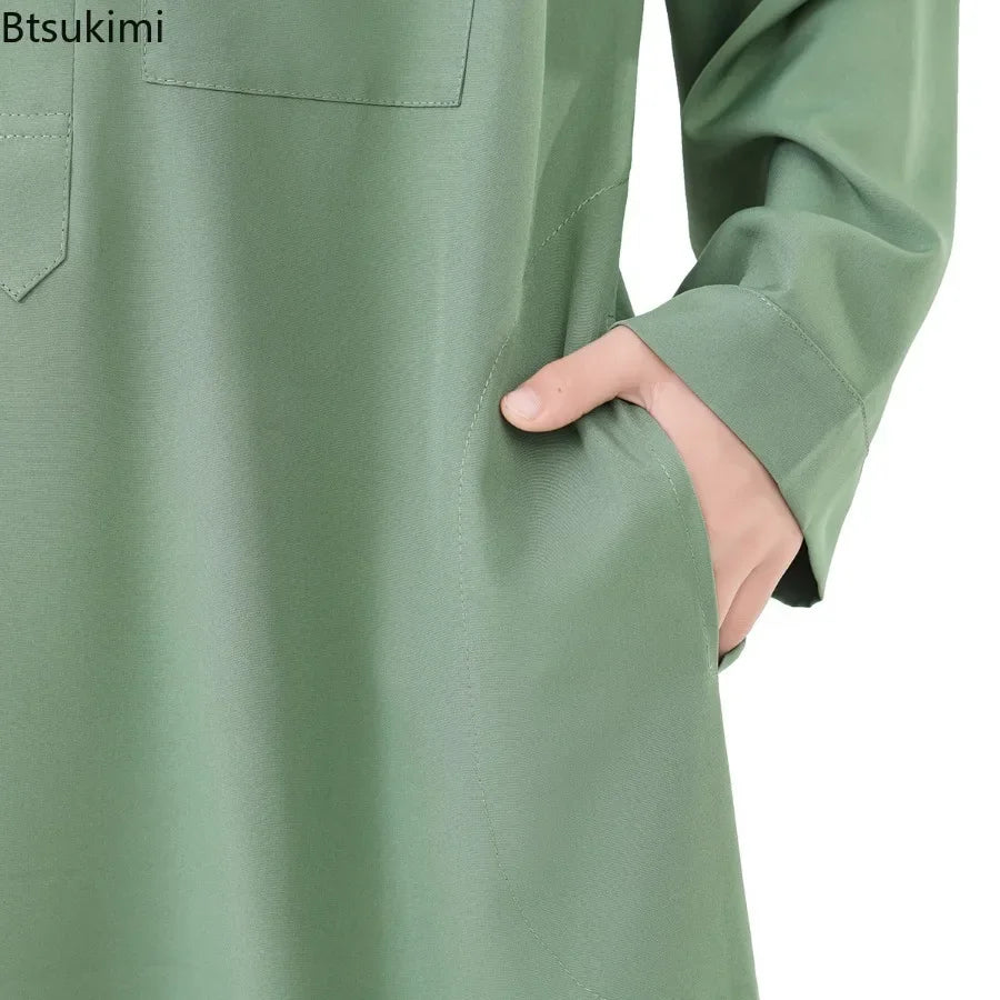 2025 Muslim Kids Jubba Thobe Solid Long Sleeve Robe Arab Islamic Clothing Middle East Teen Abaya Ramadan Kaftan Boys Robe Dress