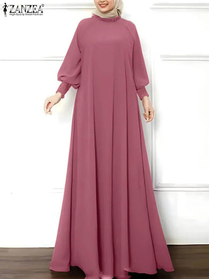 Autumn Dress 2024 ZANZEA Muslim Abaya Robe Femme Elegant Long Lantern Sleeve Solid Vestidos Kaftan Ramadan Sundress Eid Mubarek