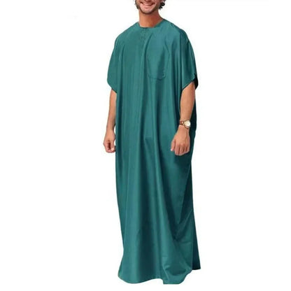 Islamic Arabic Kaftan for Men Vintage Solid Short Sleeve Loose Retro Robe Abaya Dubai Middle East Muslim Dress Men's Clothing