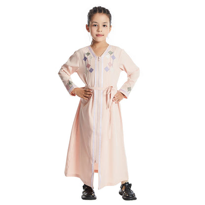 Moroccan Kids Girls Muslim Embroidery Abaya Long Sleeve Maxi Dress Turkey Arabic Kaftan Islamic Prayer Gown Robe Robes Clothing