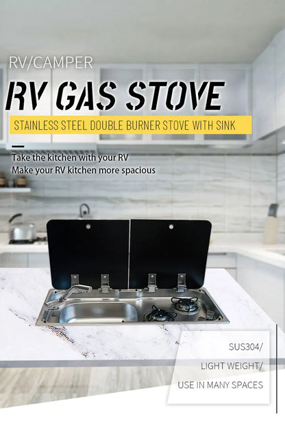 RV Gas Stove Two Burner Rectangular Stainless Steel Sink Combi with 2 Glass Lid 2.18KW 0.8MM Thickness for Car Kitchen