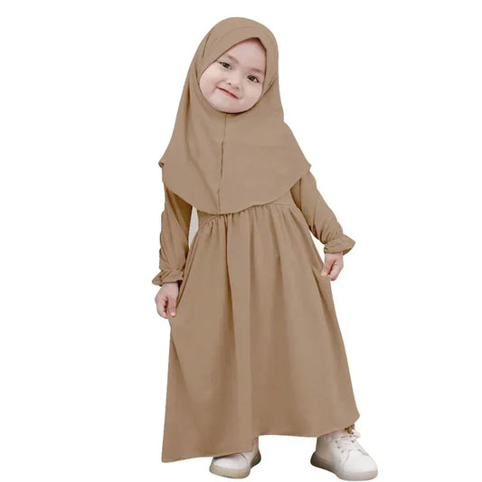 2Pcs Muslim Kids Hijab Dresses Abaya Set Islamic Children Ramadan Prayer Burka Arab Girls Khimar Headscarf Niqab Kaftan Clothing