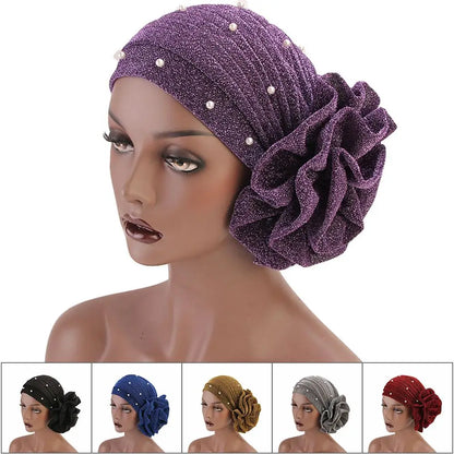 Women Cancer Chemo Cap Big Flower Shiny Silk Muslim Hat Hair Loss Head Scarf Pearls Elastic Turban Head Wrap Cover