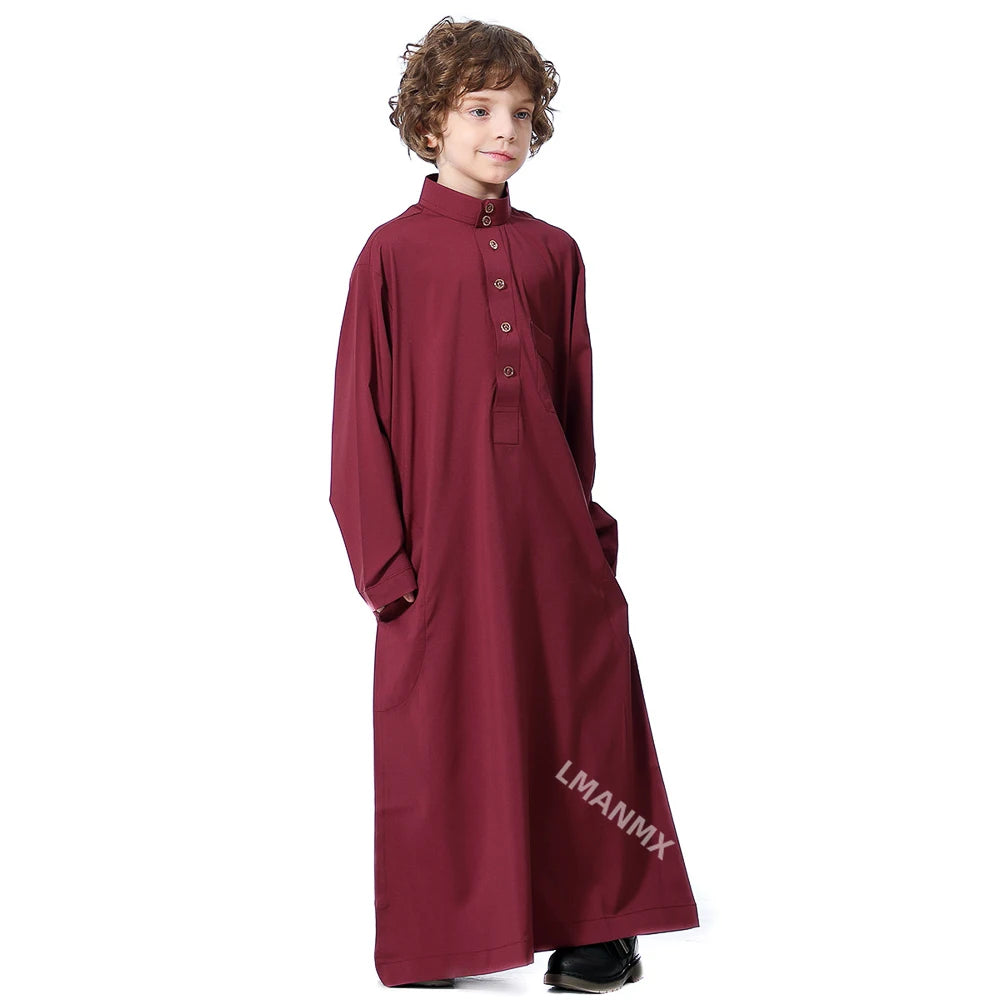 Solid Stand Collar Boys Kids Islamic Muslim Juba Kaftan Robe Arabian Dubai Qatar Children Long Dress Singel-Breasted Abaya Robe