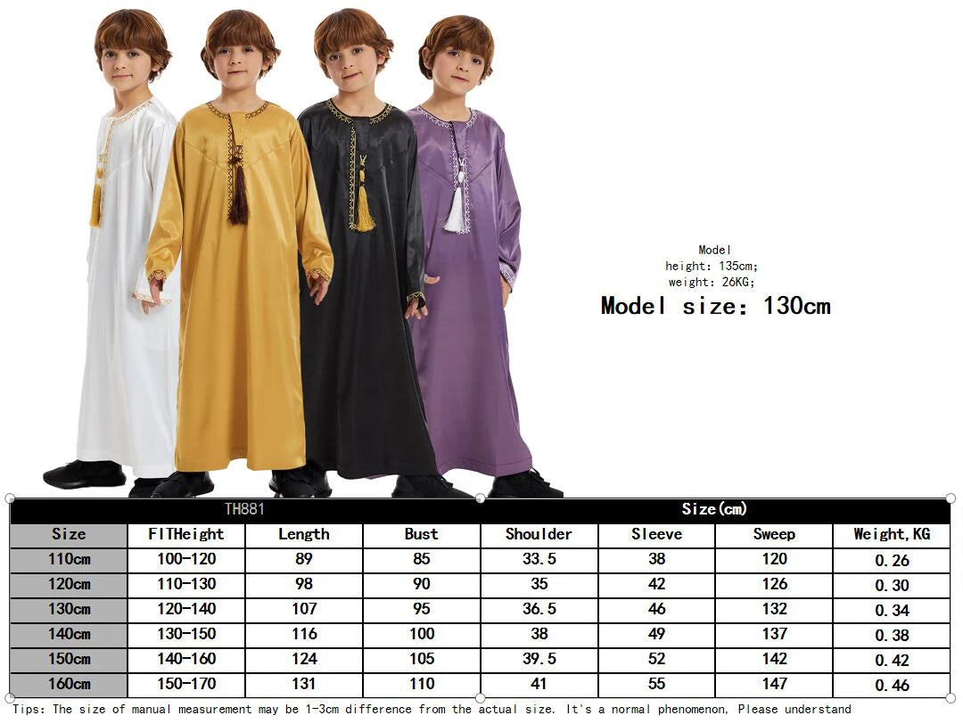 Luxury Muslim Thobe Boys Saudi Dress Kids Islamic Clothing Turkish Arab Dubai Black White Yellow Abaya Children TH881