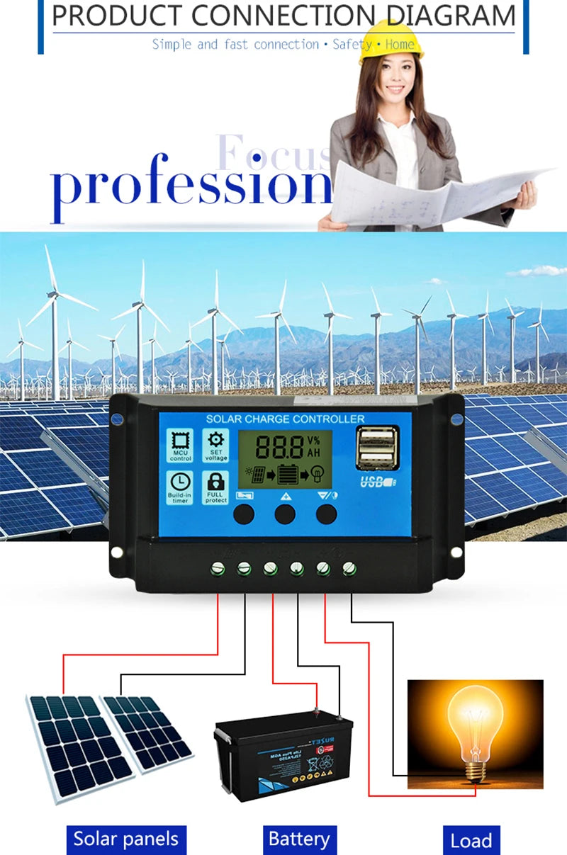 10A 20A 30A PWM Solar Charge Controller 12V/24V Solar Regulator USB 5V Panel Battery Regulator Intelligent LCD Display