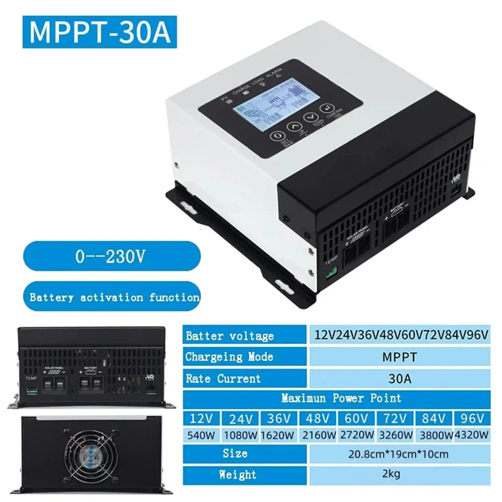 Auto 12V-96V MPPT 30A 60A 120A Solar Charge Controller 230V LCD Touch For Lifepo4 Lithium GELLead Acid Home Solar Panel System