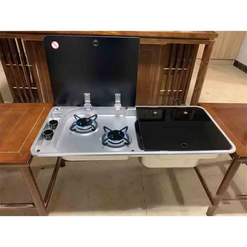 RV Gas Stove Two Burner Rectangular Stainless Steel Sink Combi with 2 Glass Lid 2.18KW 0.8MM Thickness for Car Kitchen