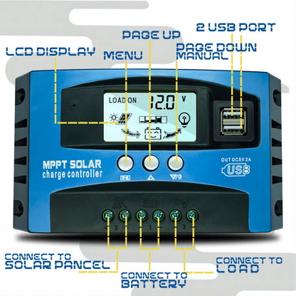 MPPT Solar Charge Controller 12V 24V Solar Panel Battery Charger 30A 40A 50A 60A 100A Dual USB LCD Display  Regulator with Load