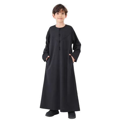 Ramadan Eid Muslim Solid Color Robe Islamic Arab Children Long Sleeve Dress Jubba Thobe Abaya Dubai Boys Clothing Turkey 2025