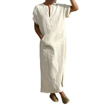 Ew Spring and Summer Models Men Muslim Style Mens Robe Simple Solid All-match Small V-neck Linen Comfortable Short Sleeve Robe