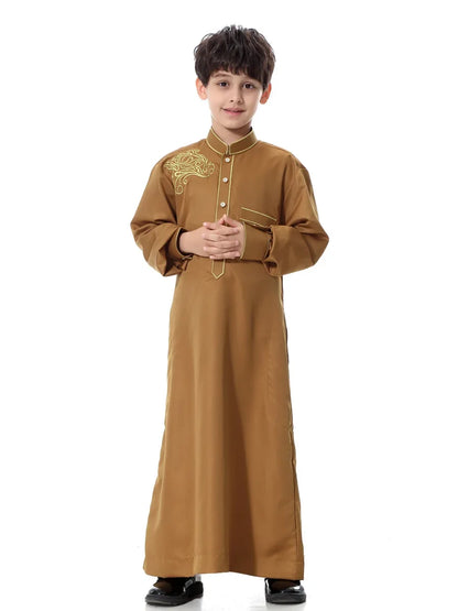 Ramadan Muslim Children Solid Robe Luxury Embroidery Islamic Arab Boys Abaya Singel-Breasted Long Sleeve Dress Dubai Jubba Thobe