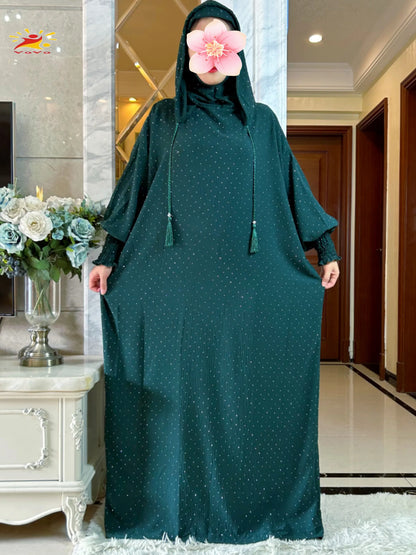 New Ramadan Muslim Double hat Solid Cotton Abaya Dubai Turkey Islam Prayer ClothesWith Stones Dress Islam Women Dress Kaftan