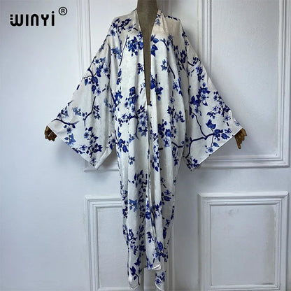 WINYI 2024 High-quality Double-sided Print Silk feel Dress Beach Wear Boho Cardigan abaya women muslim dress Long Sleeve Kimono