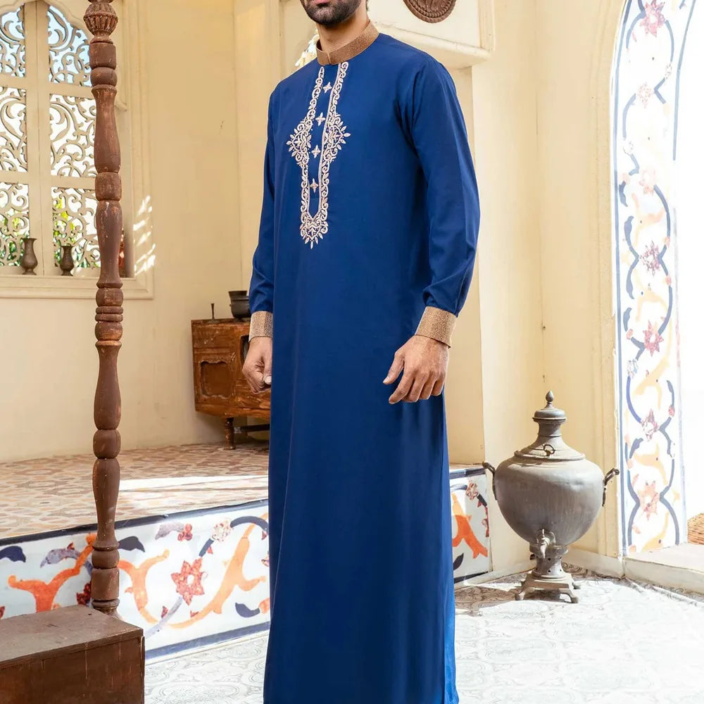 Eid Muslim Fashion Men Jubba Thobe Embroidery Stand Collar Dubai Arab Long Dress Islamic Ramadan Robe Saudi Musulman Abaya Male