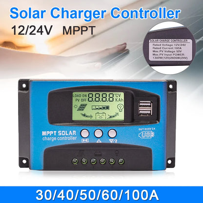 MPPT Solar Charge Controller LCD Display Dual USB 12V/24V Auto Solar Cell Panel Charger Regulator With Load 30/40/50/60/100A