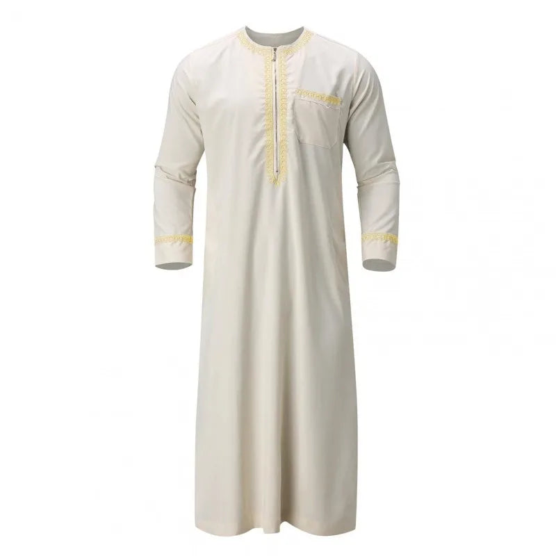 Men's Muslim Robes Middle East Arab Ramadan Islamic Clothing Solid Color Casual Lace Round Neck Long Sleeve T-shirt Dress Tunic