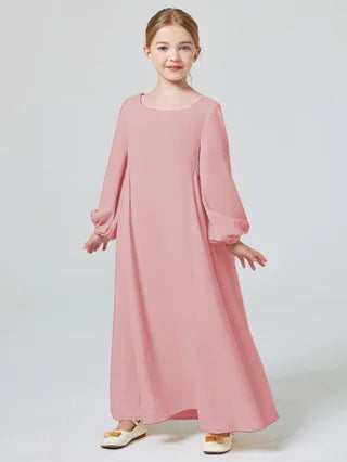 Ramadan Girl Abaya Muslim Elegant Solid Crew Neck Long Sleeve Kaftan Kids Dress For Pray Party