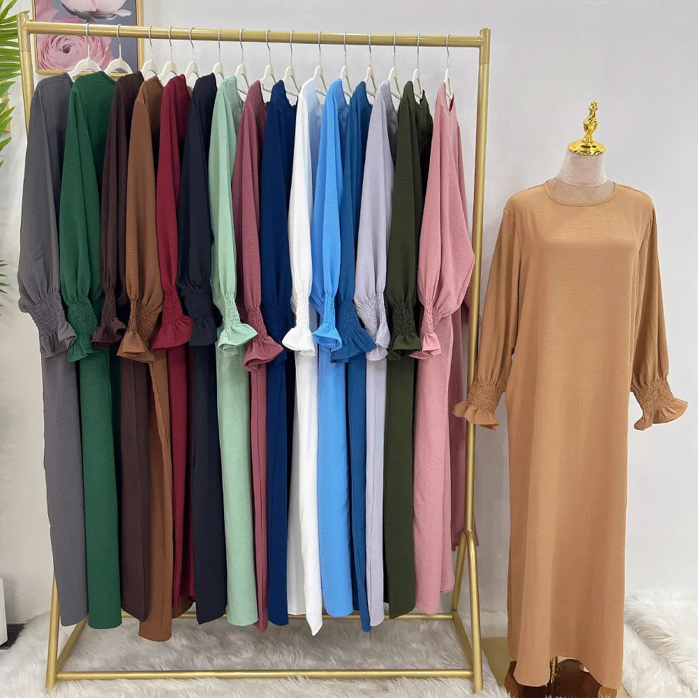 Under Abaya Inner Long Slip Dress Solid Color Smocked Cuffs Islamic Clothing Muslim Woman Casual Dubai Turk Modest Hijabi Robe