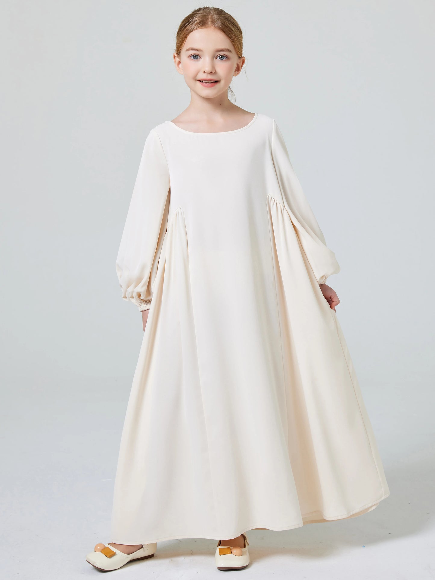 Ramadan Girl Abaya Muslim Elegant Solid Crew Neck Long Sleeve Kaftan Kids Dress For Pray Party