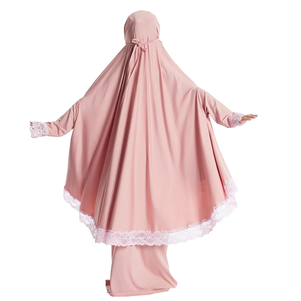 2 Piece Set Prayer Garment Lace Dress Muslim Kids Girls Abaya Gowns Overhead Hijab Long Khimar Ramadan Skirt Arab Clothes Niqab