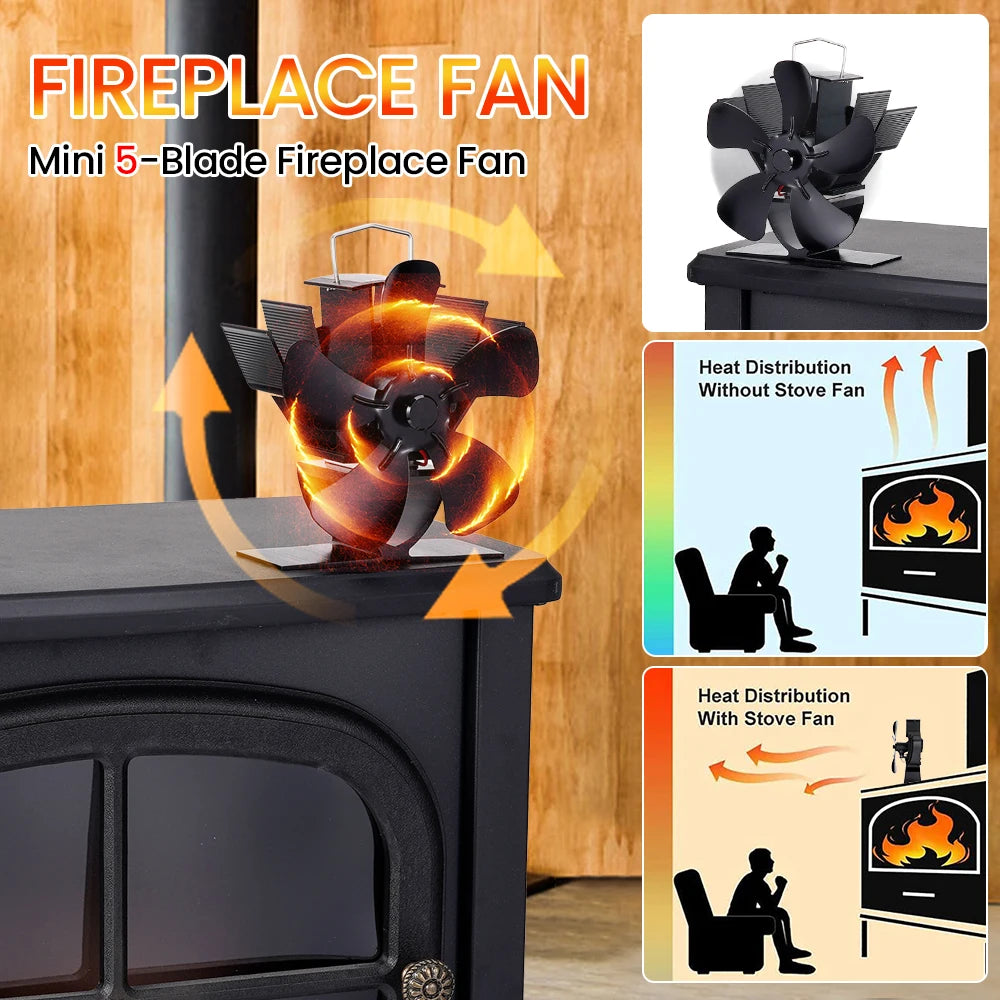 Mini Stove Fan Heat Powered Fireplace Fan Log Wood Burner Eco-fan Quiet 5 Blade Fireplace Fan Home Winter Warm Heat Distribution