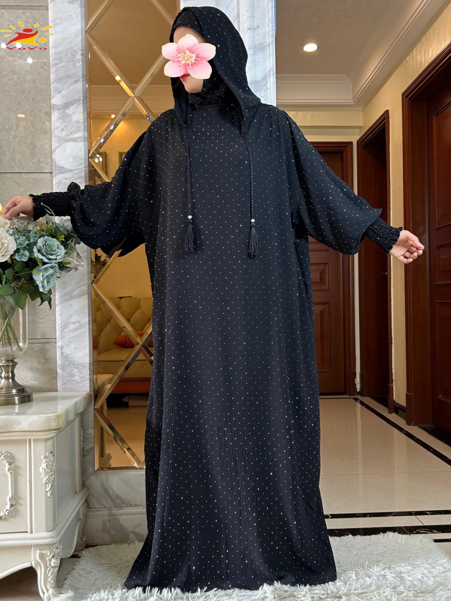 New Ramadan Muslim Double hat Solid Cotton Abaya Dubai Turkey Islam Prayer ClothesWith Stones Dress Islam Women Dress Kaftan