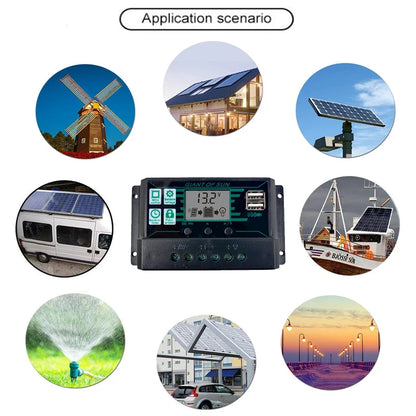 Solar Charge Controller 100A PWM LCD Display 12V/24V Dual USB 5V Output Panel Battery Regulator Intelligent