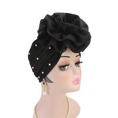 Women Cancer Chemo Cap Big Flower Shiny Silk Muslim Hat Hair Loss Head Scarf Pearls Elastic Turban Head Wrap Cover