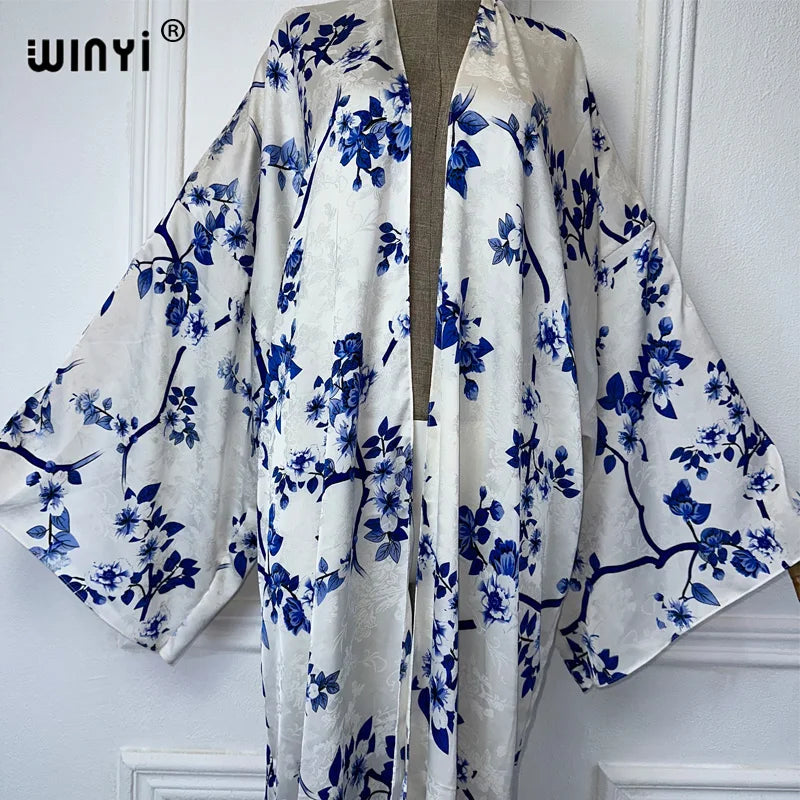 WINYI 2024 High-quality Double-sided Print Silk feel Dress Beach Wear Boho Cardigan abaya women muslim dress Long Sleeve Kimono