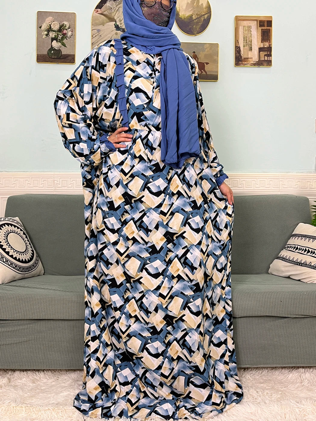 Muslim Traditional Ramadan Abayas For Women's Prayer Garment Cotton Printed Floral Boubou Loose Femme Robe Connected Headscarf