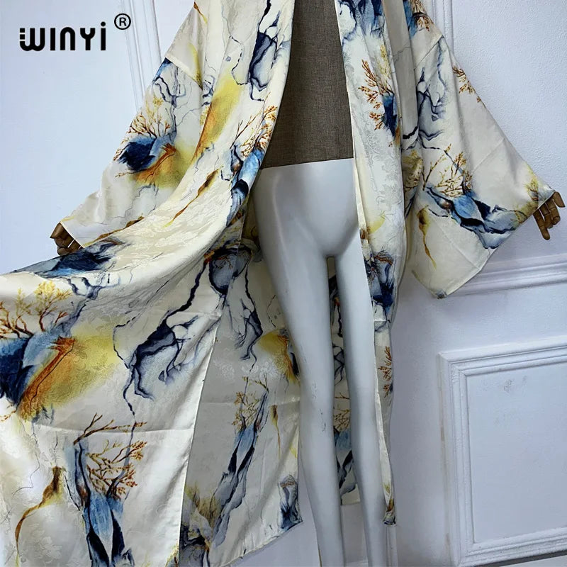 WINYI 2024 High-quality Double-sided Print Silk feel Dress Beach Wear Boho Cardigan abaya women muslim dress Long Sleeve Kimono