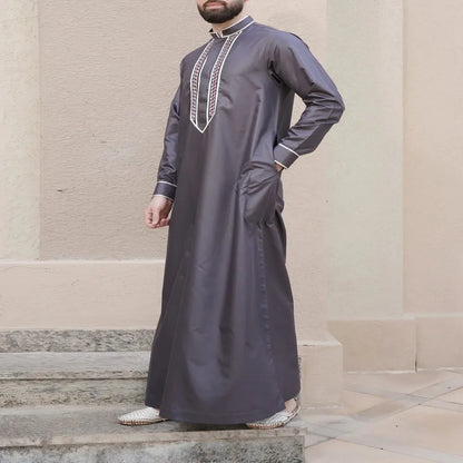 Eid Muslim Fashion Men Jubba Thobe Embroidery Stand Collar Dubai Arab Long Dress Islamic Ramadan Robe Saudi Musulman Abaya Male