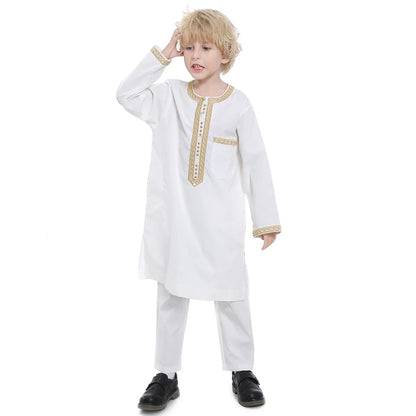 2025 Muslim Children Robe 2pc Set Long Sleeve Embroidery Dress Shirt+Pants Boys Fashion Abaya Kaftan Thobe Kids Islamic Clothing