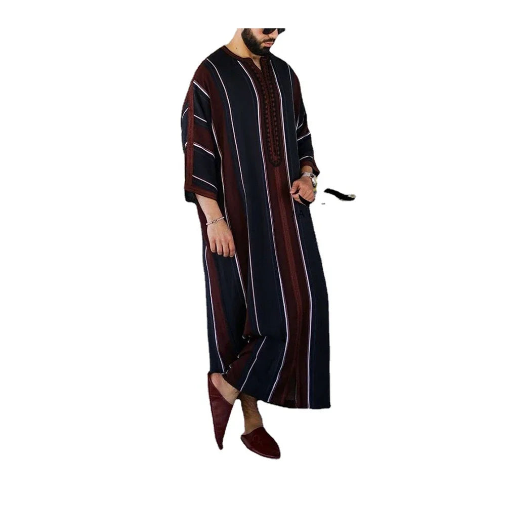 Men Vintage Abaya Arabic Muslim Long Robes Islamic Clothing Loose Shirt Jubba Thobe Stripe Saudi Arab Middle East Muslim Dresses