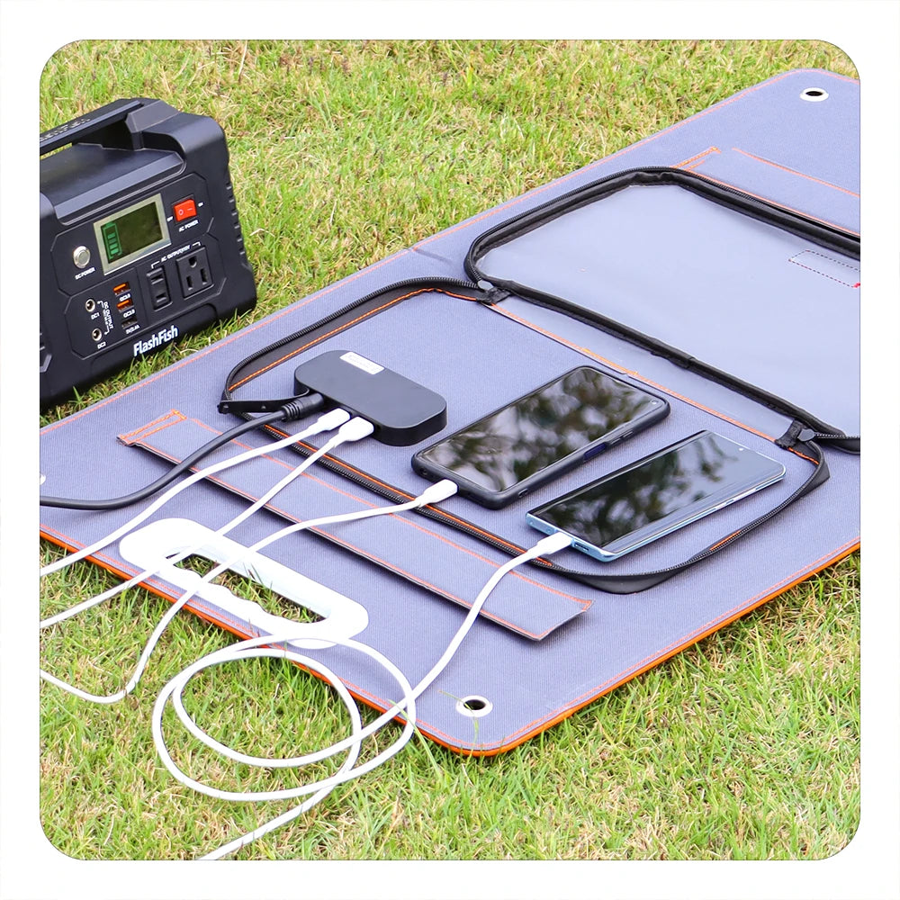 FF Flashfish 18V 60W Foldable Solar Panel Portable Solar Charger with DC Output USB-C QC3.0 for Phones Tablets Camping RV Trip