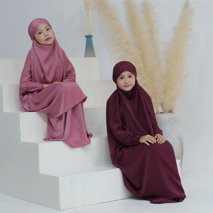 Gowns for Kids Girls Islamic Clothing 2 Piece Sets Dubai Muslim Outfits Overhead Hijabs Abaya Khimar Skirt Ramadan Eid Dresses