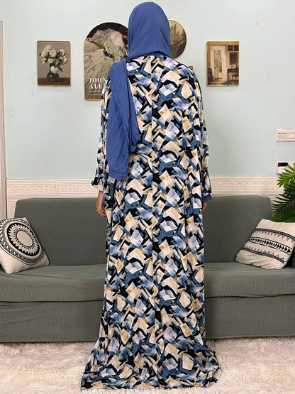 Muslim Traditional Ramadan Abayas For Women's Prayer Garment Cotton Printed Floral Boubou Loose Femme Robe Connected Headscarf