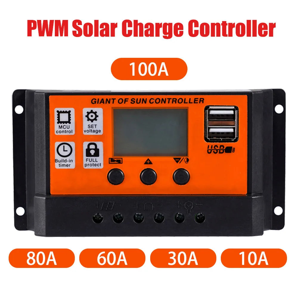 100A/80A/60A/30A PWN Auto Solar Charge Controller Dual USB LCD Display Output 5V Auto MPPT Solar Panel Battery Charge Regulator