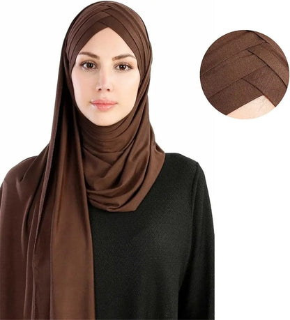 Women Turban Jersey Hijab Lightweight Soft Forehead Cross Instant Hijab Shawls and Wraps Muslim Stretch Head Scarf