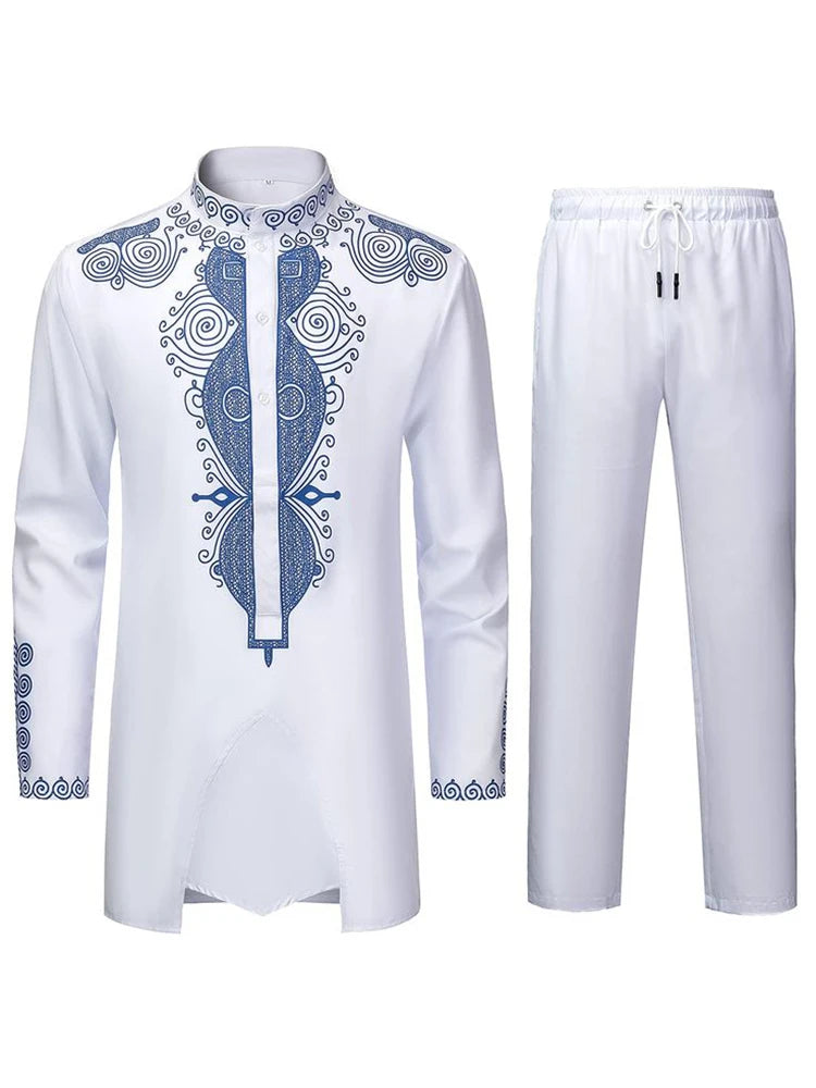 Muslim Robe Navy Blue Long-Sleeved Trousers The Traditional Dress of Arab Men 3D Pattern Printing Black White Yellow