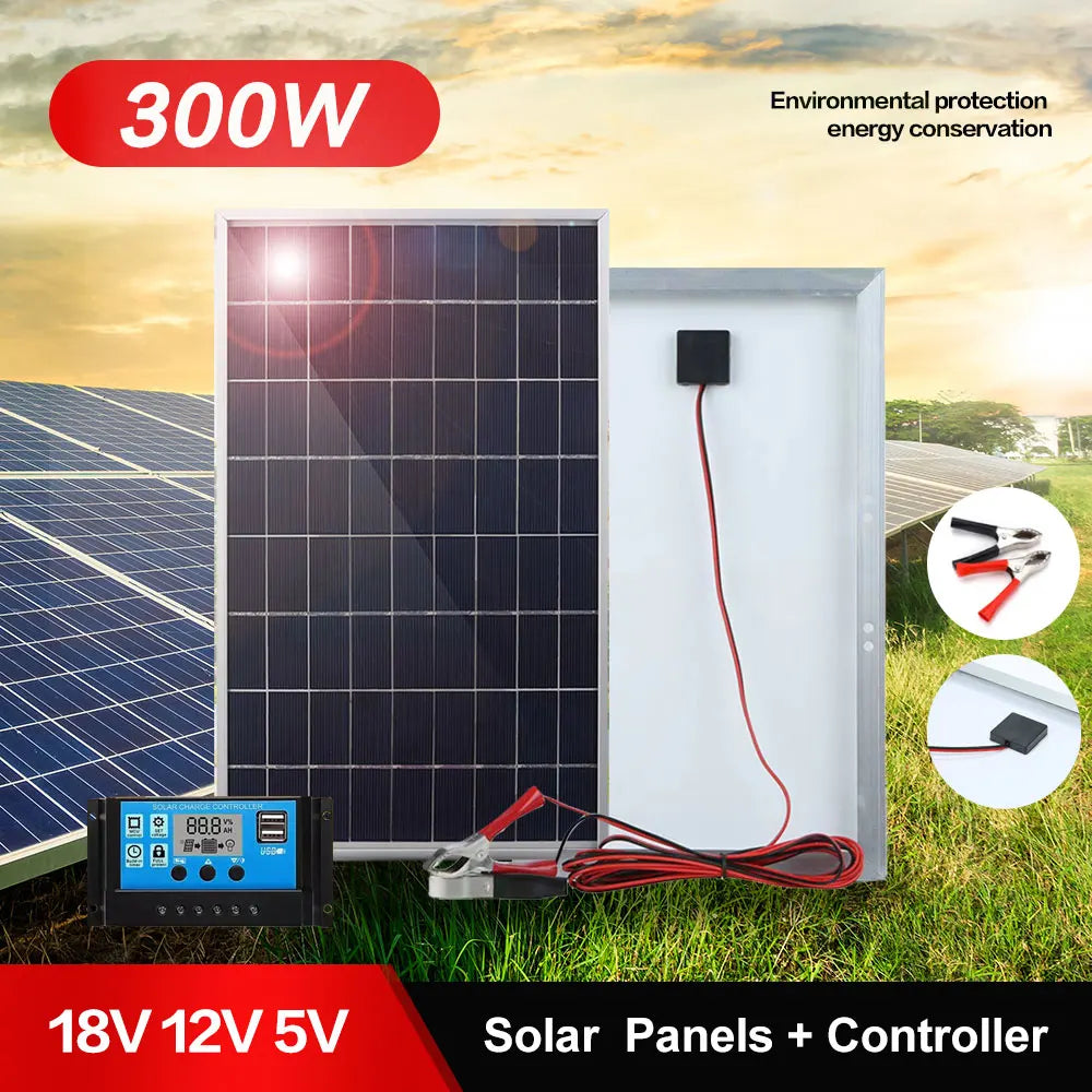 300W Solar Panel 12V Portable Solar Cell Outdoor Rechargeable Solar Kit Household Solar Generator Solar Charger RV Power Supply