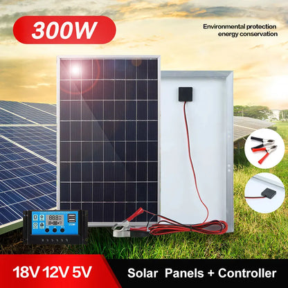 300W Solar Panel 12V Portable Solar Cell Outdoor Rechargeable Solar Kit Household Solar Generator Solar Charger RV Power Supply