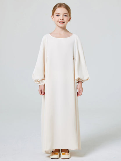 Ramadan Girl Abaya Muslim Elegant Solid Crew Neck Long Sleeve Kaftan Kids Dress For Pray Party