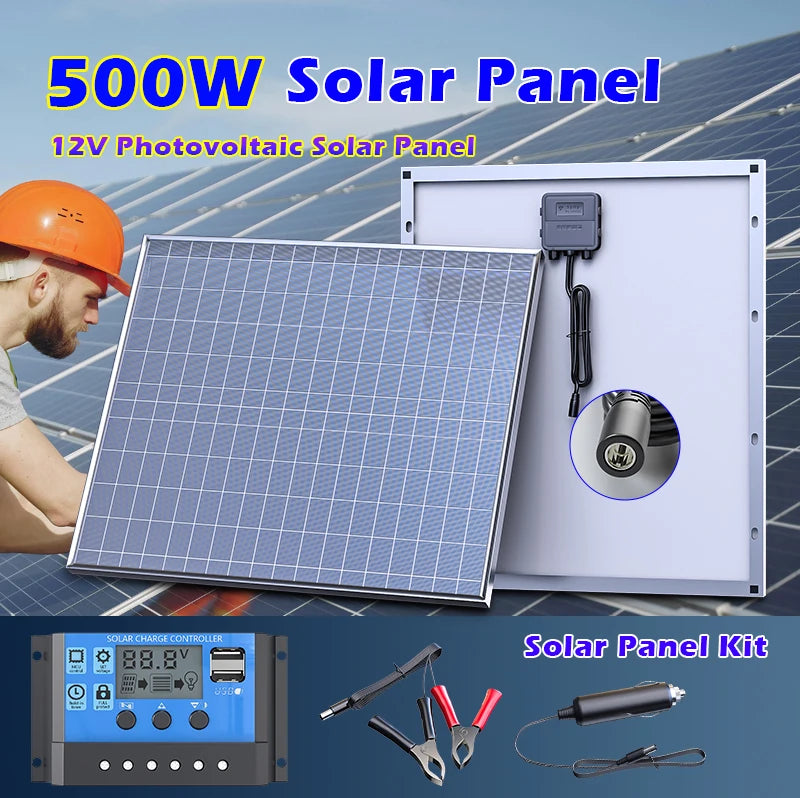 500W Solar Panel 12V Polycrystalline Silicon Solar Charging Panel Kit Outdoor Household Portable Rechargeable Solar Cell Charger