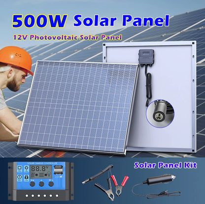 500W Solar Panel 12V Polycrystalline Silicon Solar Charging Panel Kit Outdoor Household Portable Rechargeable Solar Cell Charger