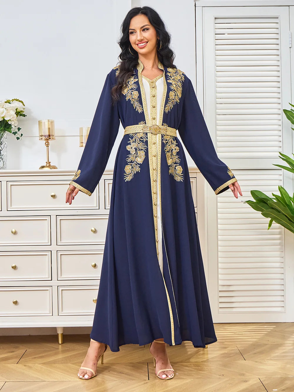 Traditional Algerian Kaftan for Women, Dubai Moroccan Arabic Dress Takchita 2 Piece Set with Belt, Party Turkish Caftan, Ramadan