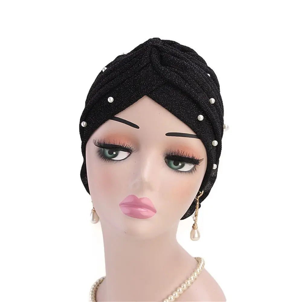 Women Cancer Chemo Cap Big Flower Shiny Silk Muslim Hat Hair Loss Head Scarf Pearls Elastic Turban Head Wrap Cover